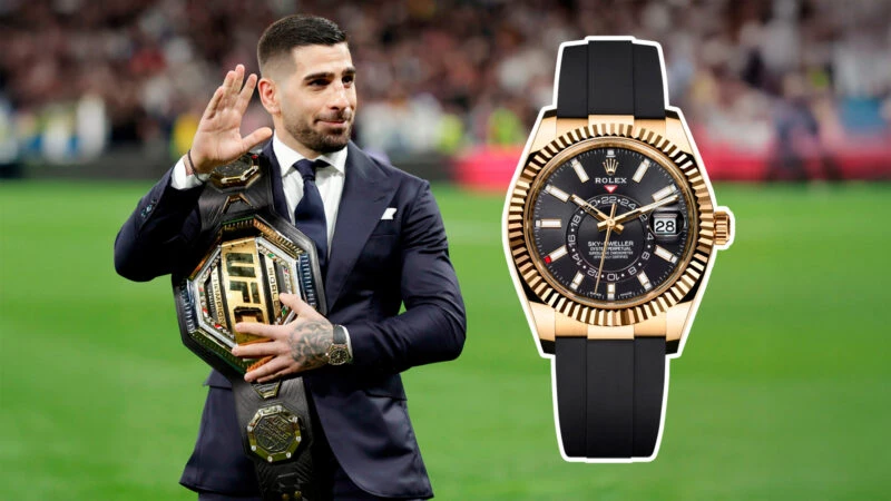 Ilia Topuria durante el partido Real Madrid–Sevilla en el Santiago Bernabéu, el pasado 25 de febrero de 2024, con un Rolex Oyster Perpetual Sky-Dweller
