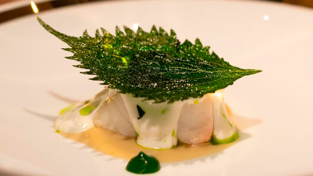 Plato del menú Celebration del restaurante Caelis con lubina y hoja de shiso crujiente.