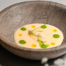 Plato Salmonete · Gazpachuelo · Patata del menú degustación Palodú en Málaga