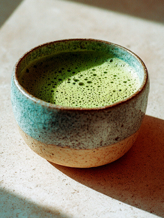 taza de té matcha en una superficie de piedra iluminada por luz natural