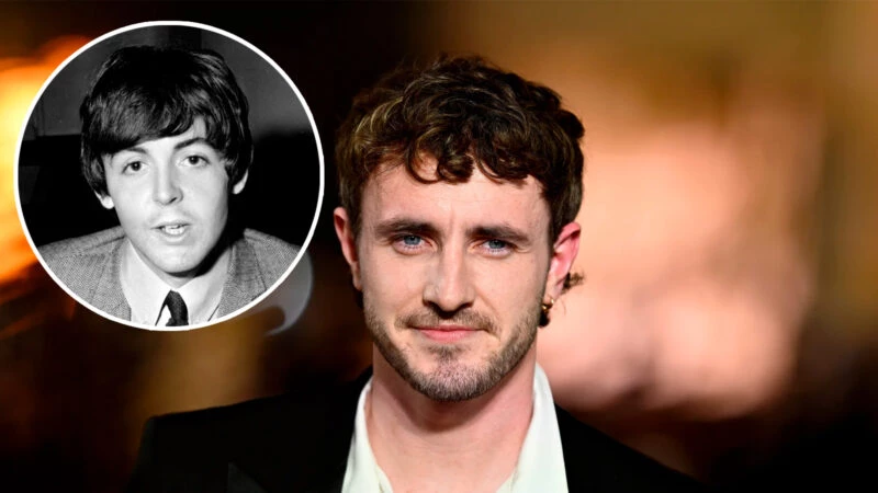 Imagen del actor Paul Mescal con un retrato del cantante Paul Mccartney