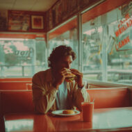 ¿Eres de los que come rápido para aprovechar el tiempo? Un nuevo estudio descubre que afecta negativamente a tu peso ¡y a tu salud mental! hombre comiéndose una hamburguesa solo en un restaurante de carretera típico americano