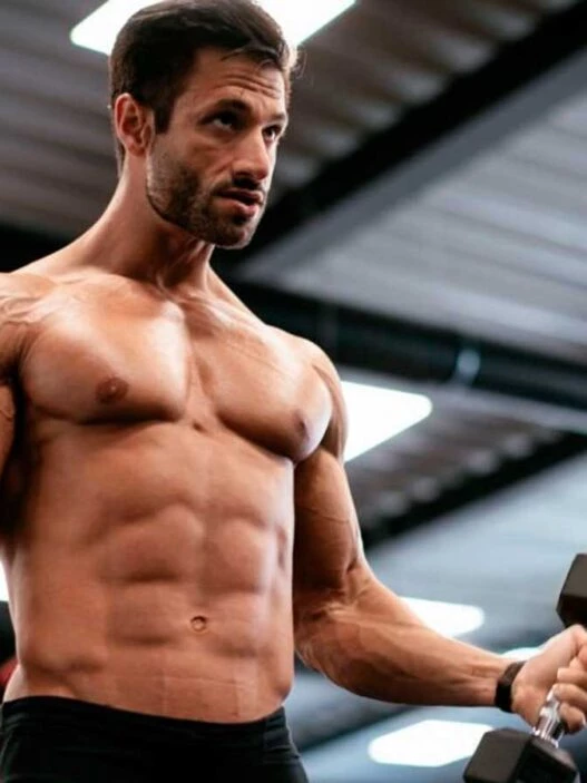 hombre en un gimnasio entrenando biceps con mancuernas