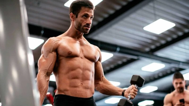 hombre en un gimnasio entrenando biceps con mancuernas