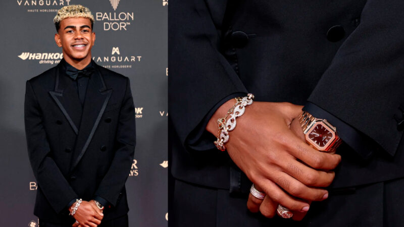 Lamine Yamal posa en el photocall del Balón de oro con un Patek Philippe