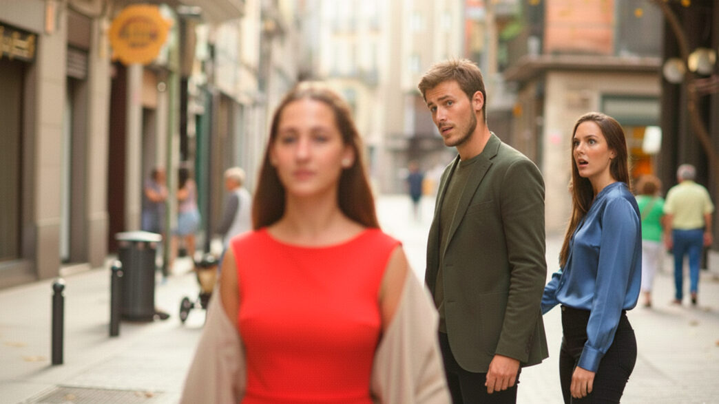 Pareja de novios con novio distraído mirando a otra mujer