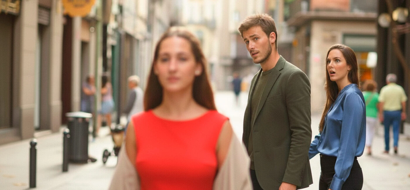 Pareja de novios con novio distraído mirando a otra mujer
