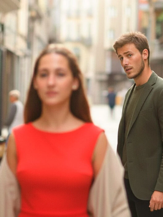Pareja de novios con novio distraído mirando a otra mujer