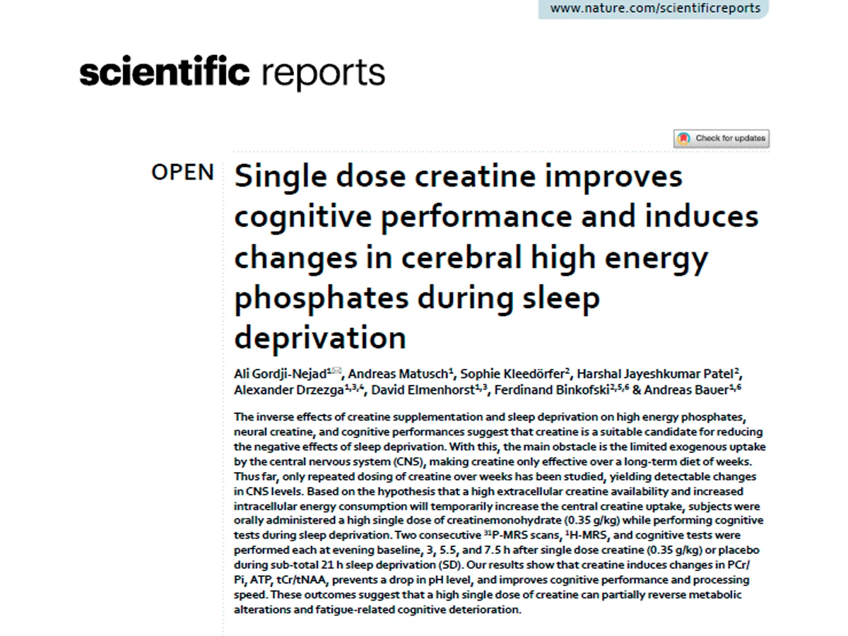 Portada del estudio científico publicado en Scientific Reports sobre creatina y rendimiento cognitivo
