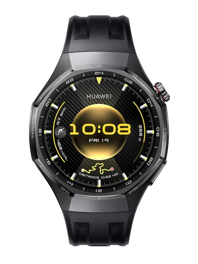 Huawei Watch GT 6 Pro con correa negra y pantalla activa mostrando ruta y distancia recorrida