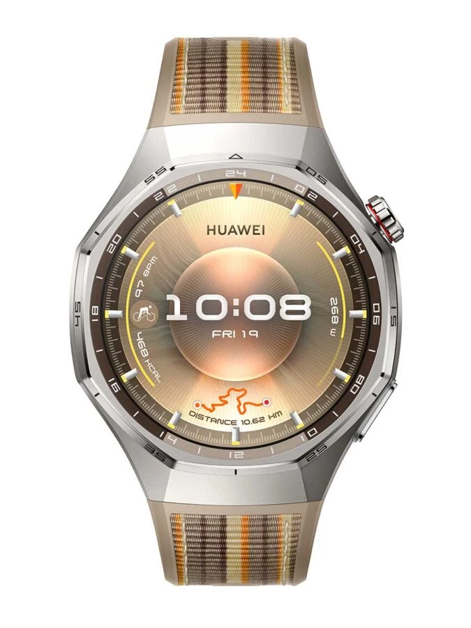 Huawei Watch GT 6 Pro con correa beige y esfera dorada mostrando datos deportivos