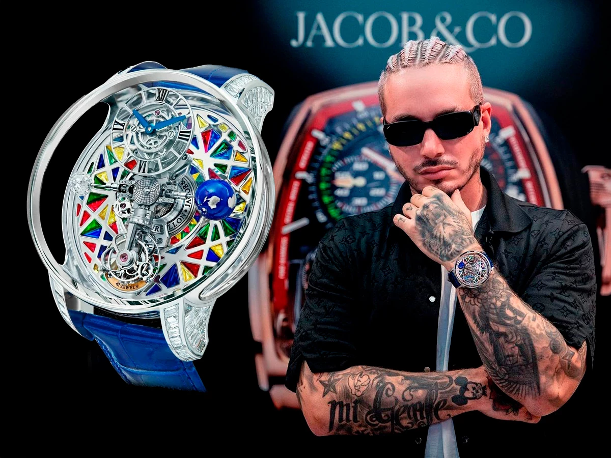 Primer plano del Jacob & Co Astronomia Meteorite Triple Axis Tourbillon con correa azul.