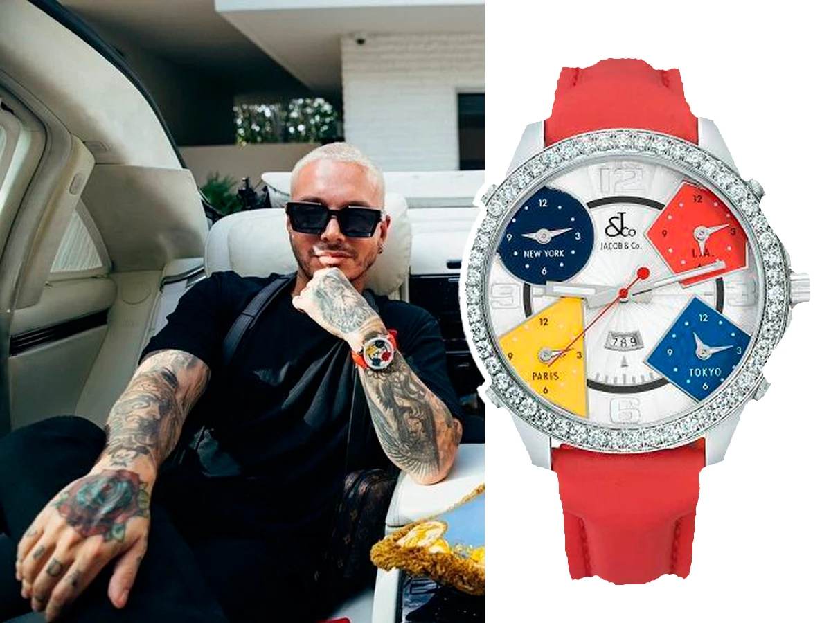 J Balvin con un Jacob & Co Five Time Zone de correa roja engastado con diamantes.