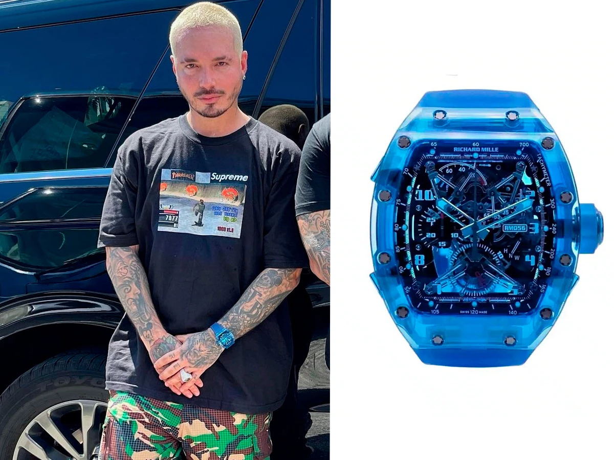 J Balvin con el Richard Mille RM056 The BluePrint de caja en zafiro azul.
