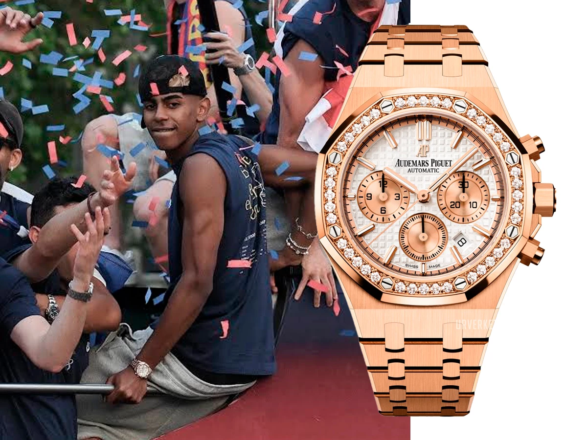 Lamine Yamal celebrando la Liga 2024-25 con un Audemars Piguet Royal Oak Chronograph de oro rosa con bisel de diamantes.