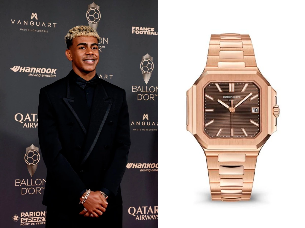 Lamine Yamal en la gala del Balón de Oro 2025 luciendo un reloj Patek Philippe Cubitus 7128/1R en oro rosa.