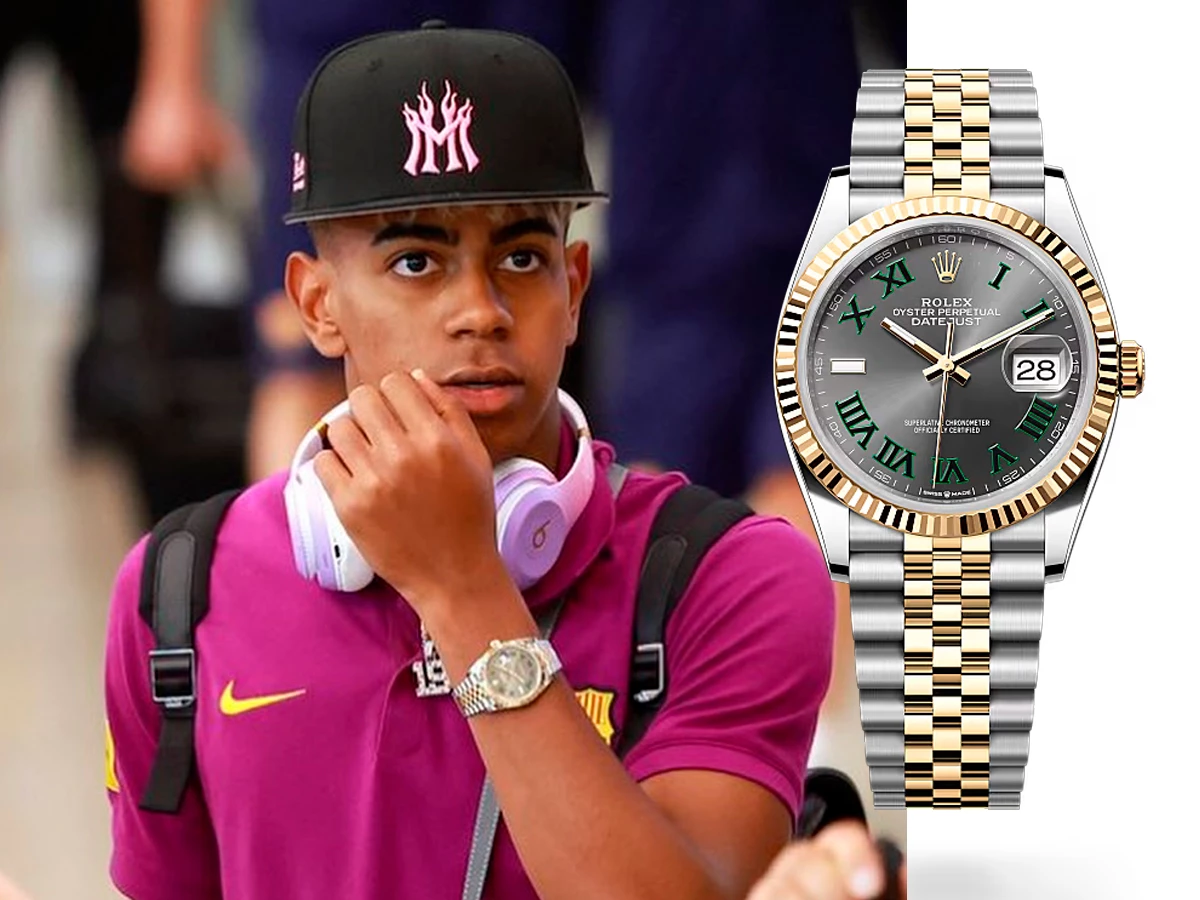 Lamine Yamal en el aeropuerto con ropa del Barça y un Rolex Datejust 126233 bicolor con esfera gris.