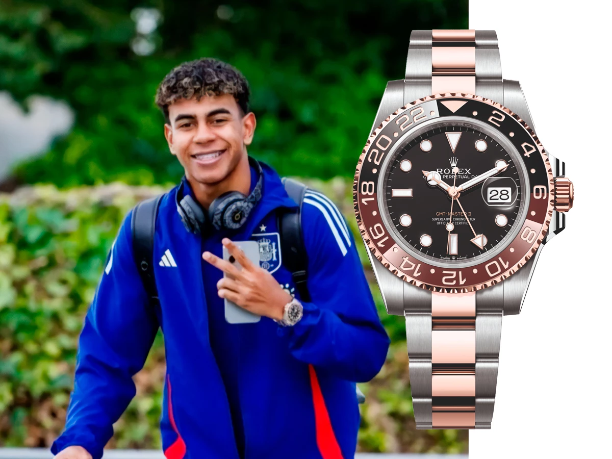 Lamine Yamal con chándal de la Selección y un Rolex GMT-Master II Root Beer en acero y oro Everose.