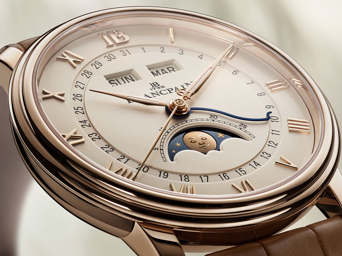 Primer plano del nuevo Blancpain Villeret con calendario completo y fases de luna.