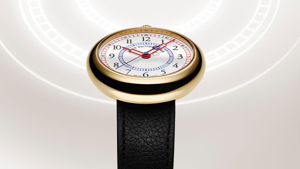 Reloj Louis Vuitton Monterey con caja de oro amarillo y esfera esmaltada Grand Feu blanca.