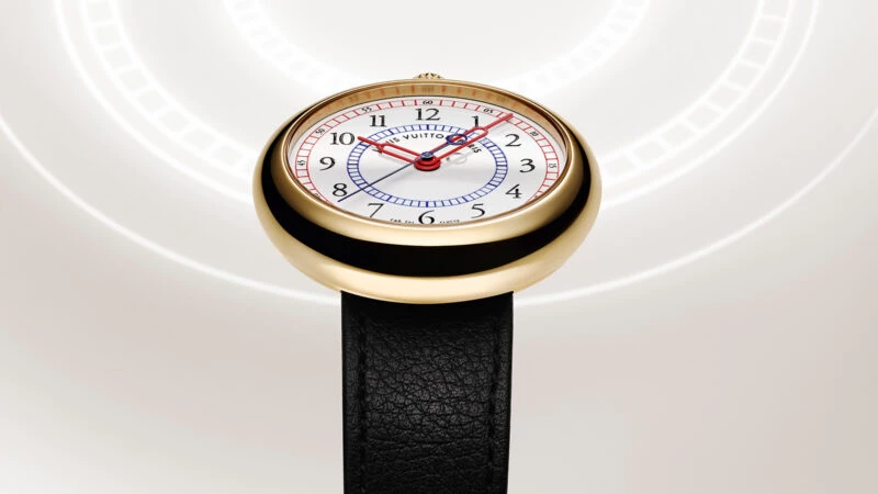 Reloj Louis Vuitton Monterey con caja de oro amarillo y esfera esmaltada Grand Feu blanca.
