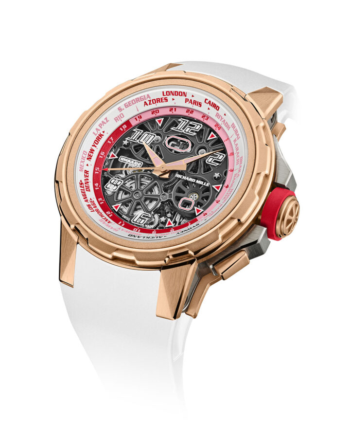 Reloj Richard Mille RM 63-02 Automatic Worldtimer en oro rojo y titanio con correa blanca.