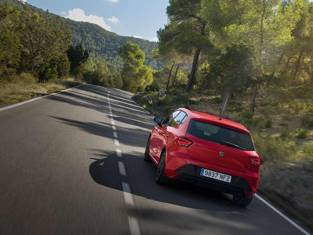 Vista trasera del SEAT Ibiza 2025 circulando por una carretera rodeada de bosque