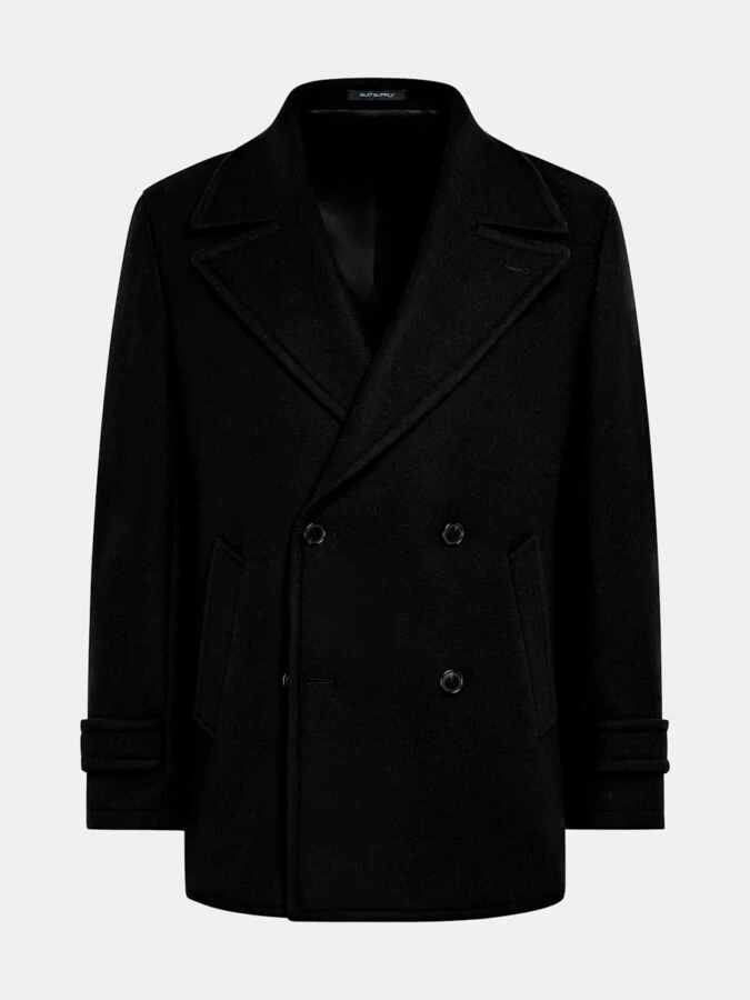 Abrigo negro de lana para hombre de SuitSupply, prenda exterior para combinar con vaqueros y jersey burdeos