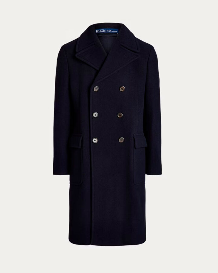Silueta de un abrigo largo de lana de doble botonadura, color azul marino, para hombre de la marca Polo Ralph Lauren