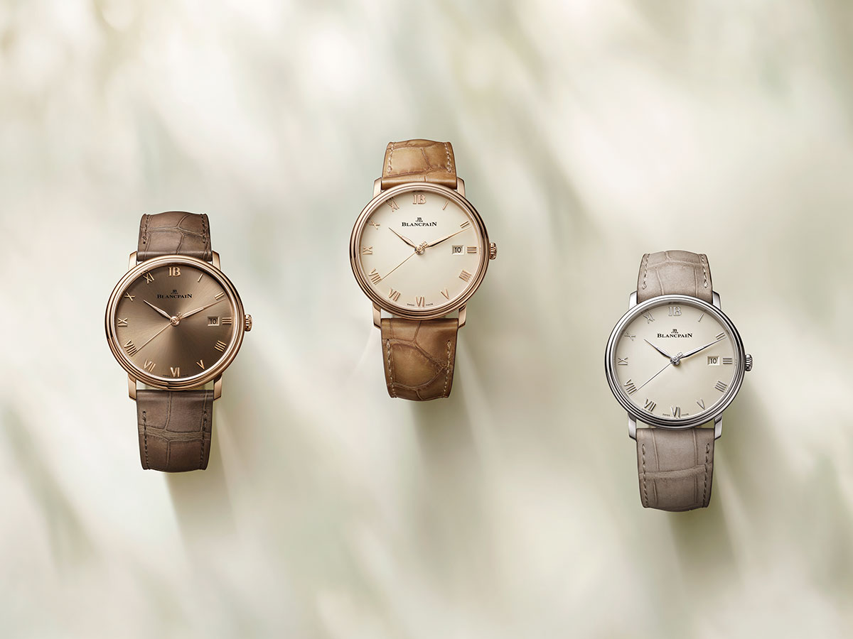 Tres versiones del Blancpain Villeret con esferas en distintos tonos y correas intercambiables.