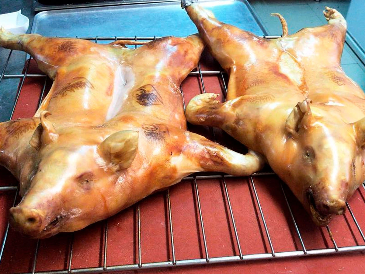 Dos cochinillos recién asados en horno de leña sobre rejilla metálica.