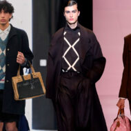 Modelos con jerseys de rombos en los desfiles de Simon Cracker, Emporio Armani y Louis Vuitton durante la temporada otoño/invierno 2025.