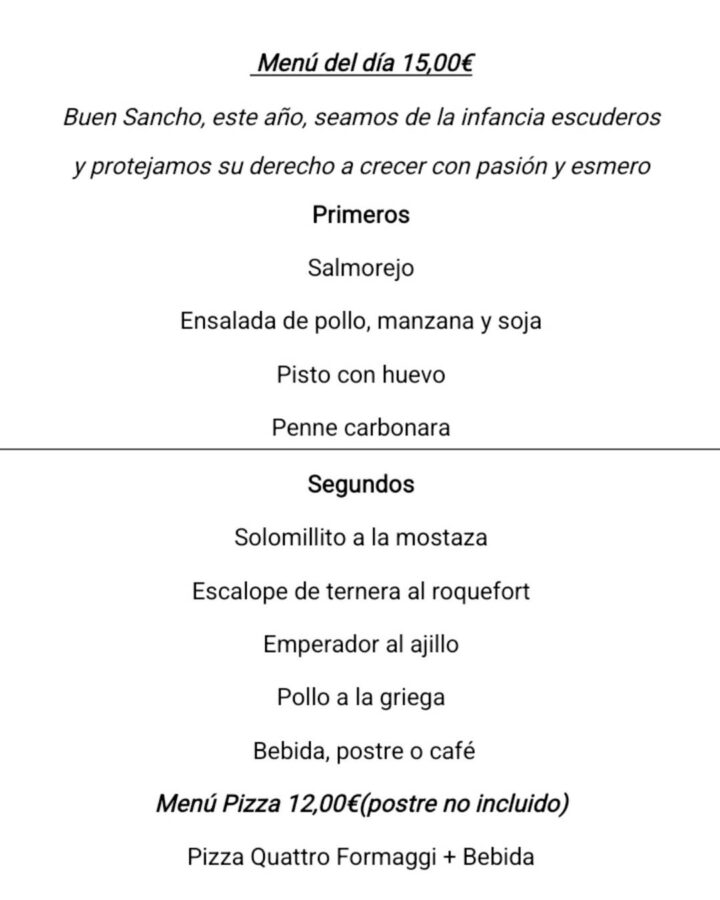 Carta del menú del día del restaurante De La Cruz Pasta & Pizza Bar en el Barrio de Salamanca.