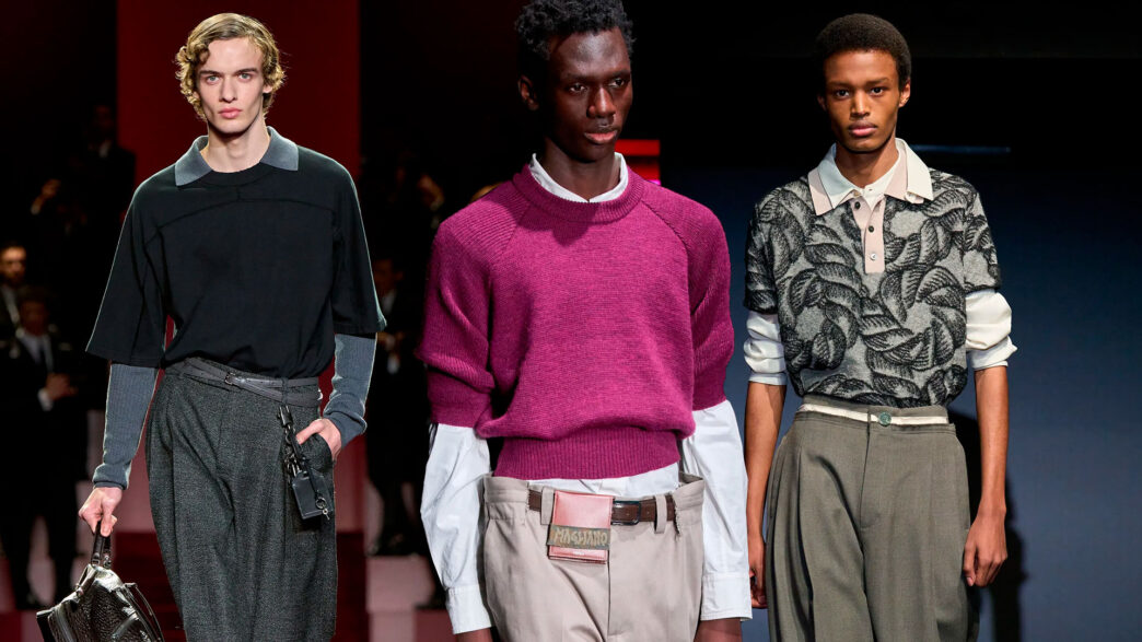 Tres modelos masculinos desfilando con la Overlay en los desfiles de otoño 2025