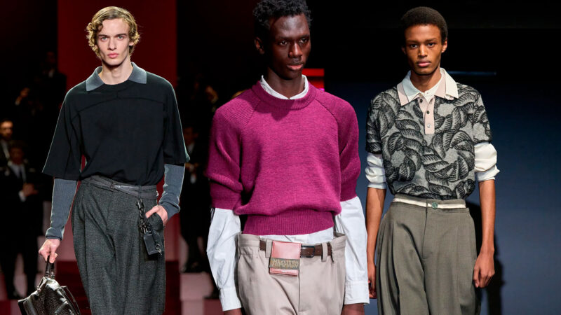 Tres modelos masculinos desfilando con la Overlay en los desfiles de otoño 2025