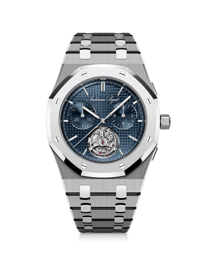 Vista general del Royal Oak «Jumbo» RD#5 de Audemars Piguet con esfera «Petite Tapisserie» azul y contadores simétricos