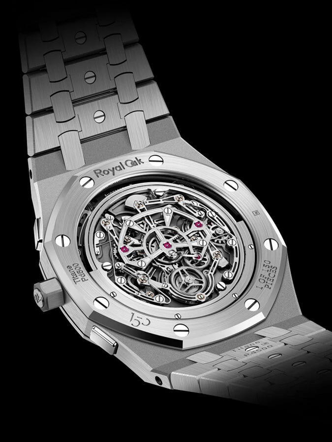 Detalle del fondo del Royal Oak «Jumbo» RD#5 con masa oscilante periférica y grabado del 150 aniversario