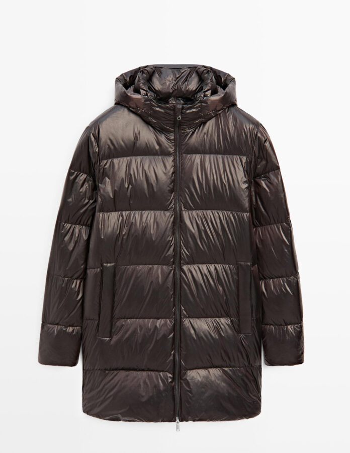 Abrigo acolchado de plumón marrón de Massimo Dutti para hombre, con capucha y acabado brillante.