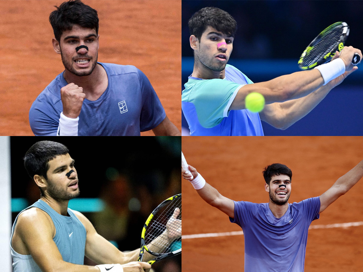 Collage del tenista Carlos Alcaraz en diferentes partidos usando la tira nasal.
