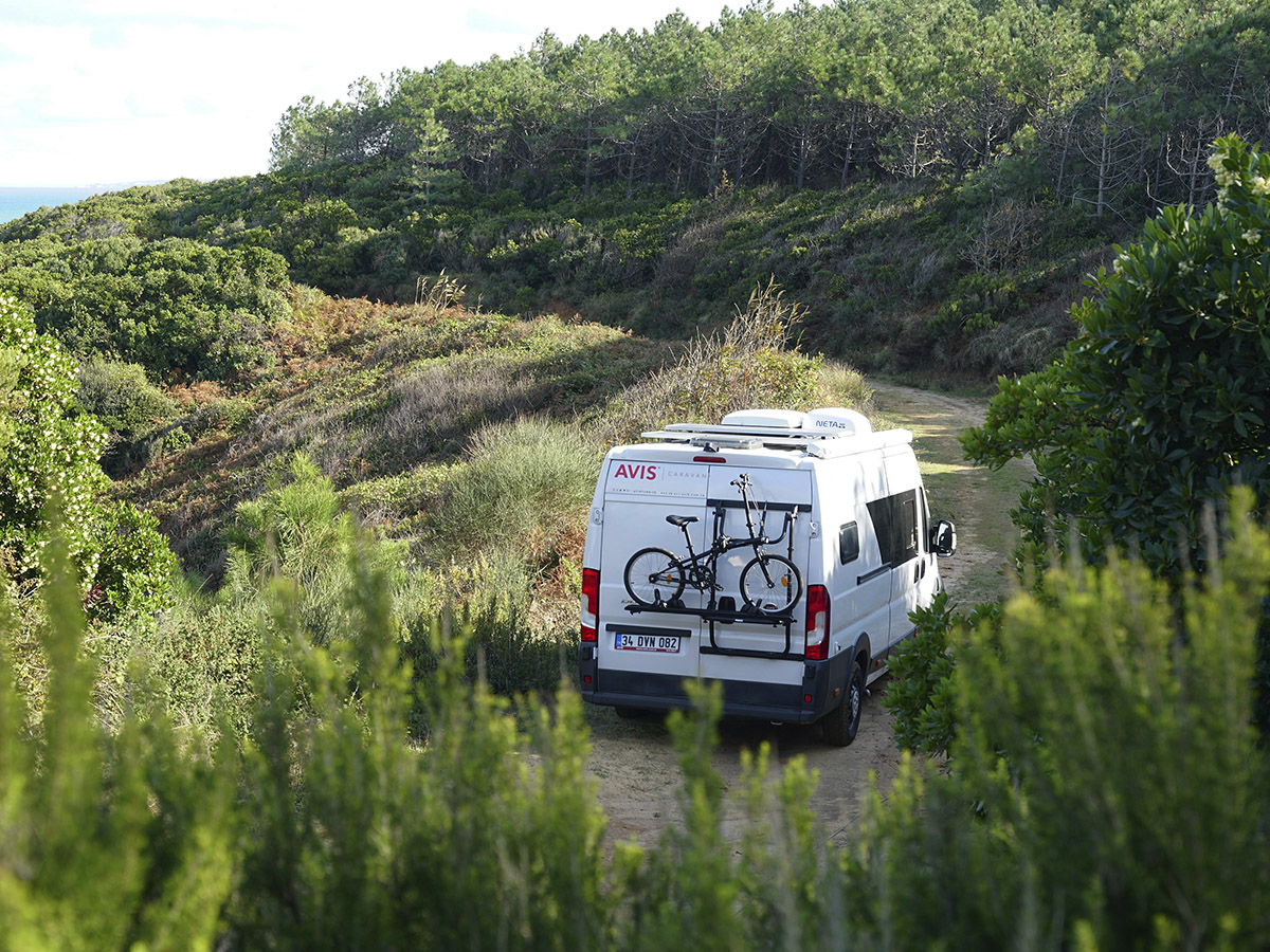 Autocaravana circulando por una carretera en mitad de un bosque