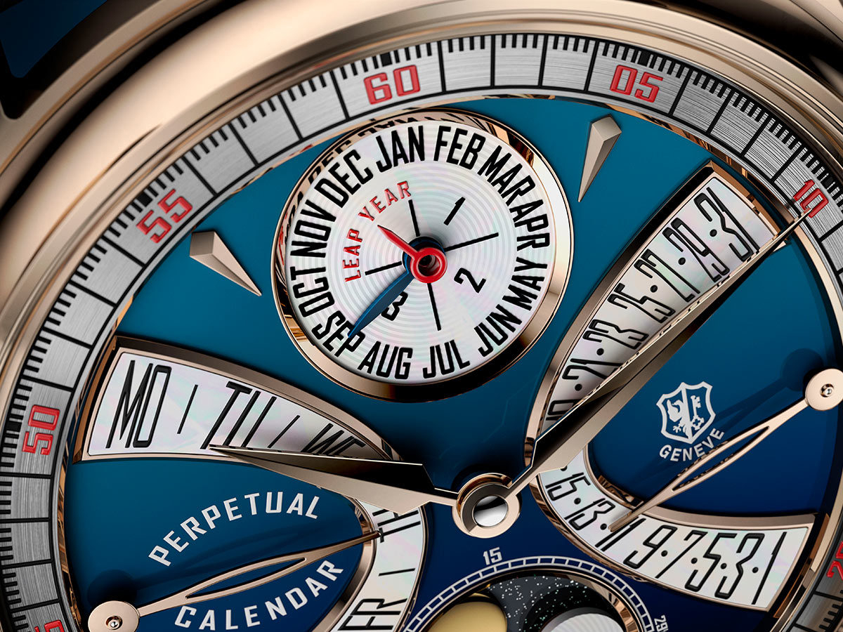 primer plano del calendario perpetuo del reloj Roger Dubuis Hommage La Placide