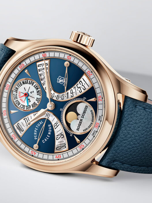 reloj Roger Dubuis Hommage La Placide en oro rosa sobre fondo blanco