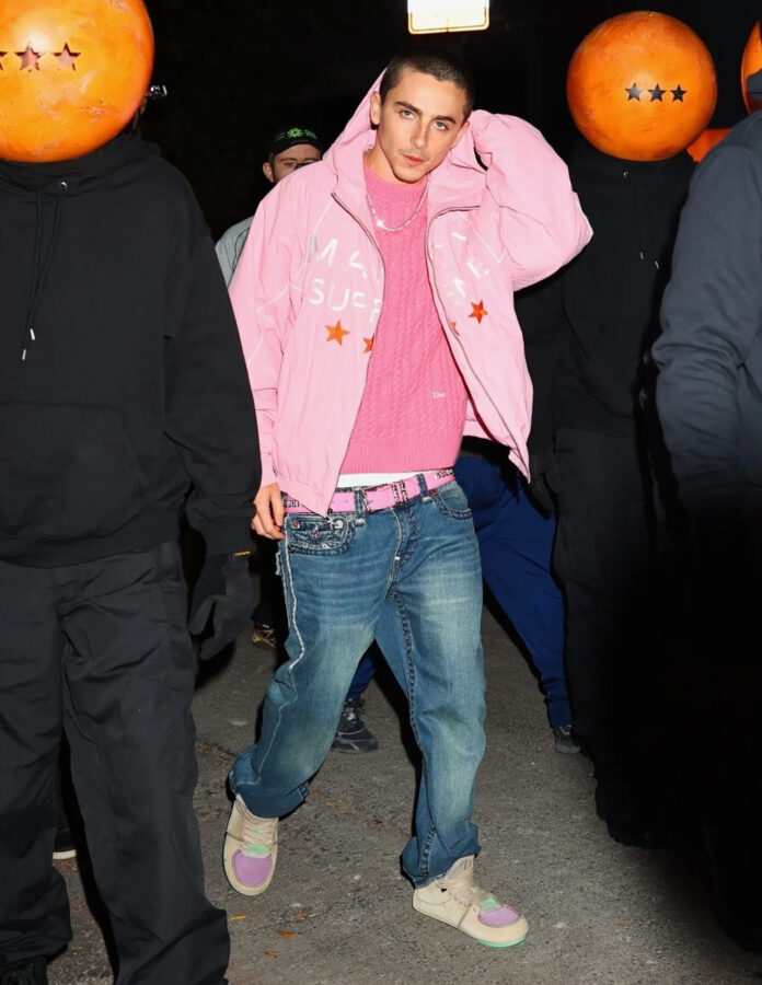 El actor Timothée Chalamet vestido con un conjunto rosa y vaqueros holgados combinados con zapatillas Dior Roadie pastel durante el evento pop-up de Marty Supreme.