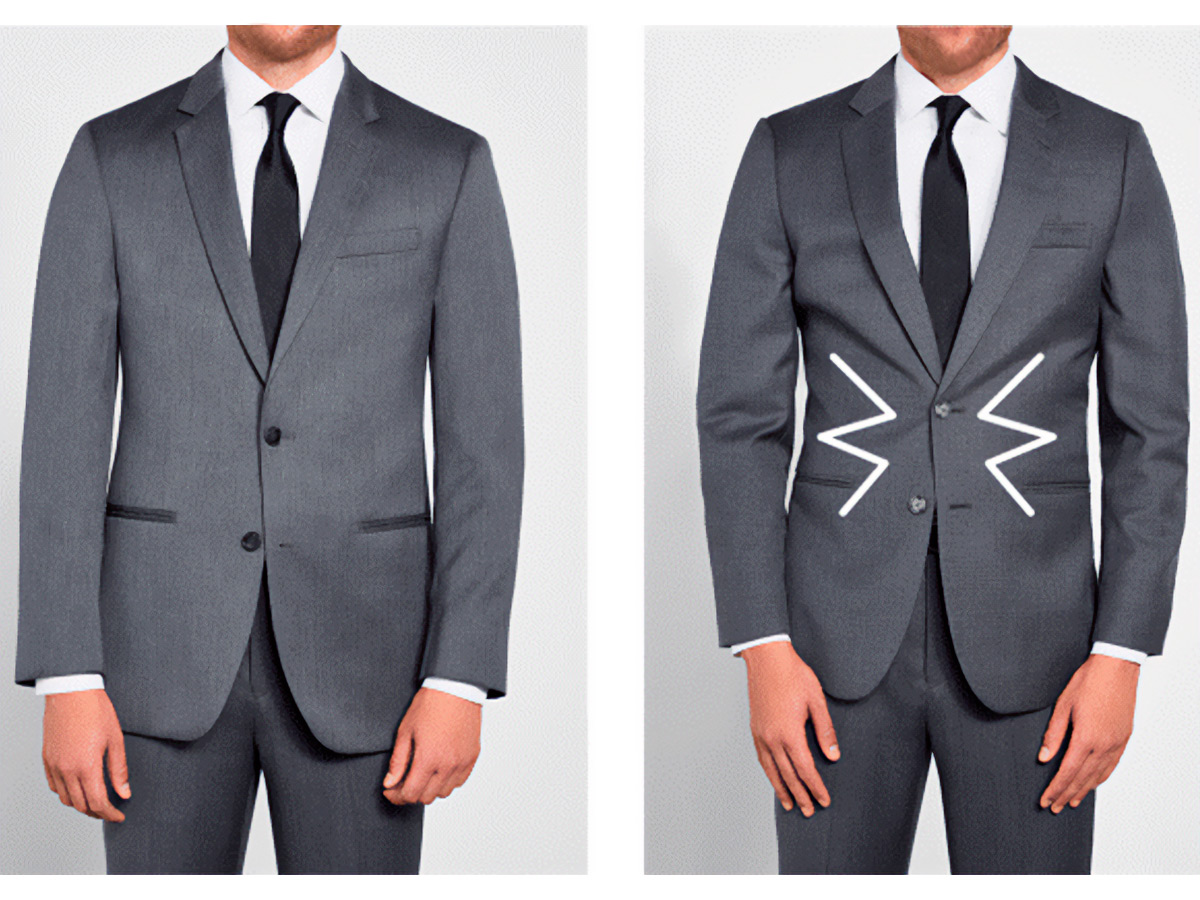 Comparación de un hombre vistiendo bien un traje y uno que lo lleva demasiado ceñido.