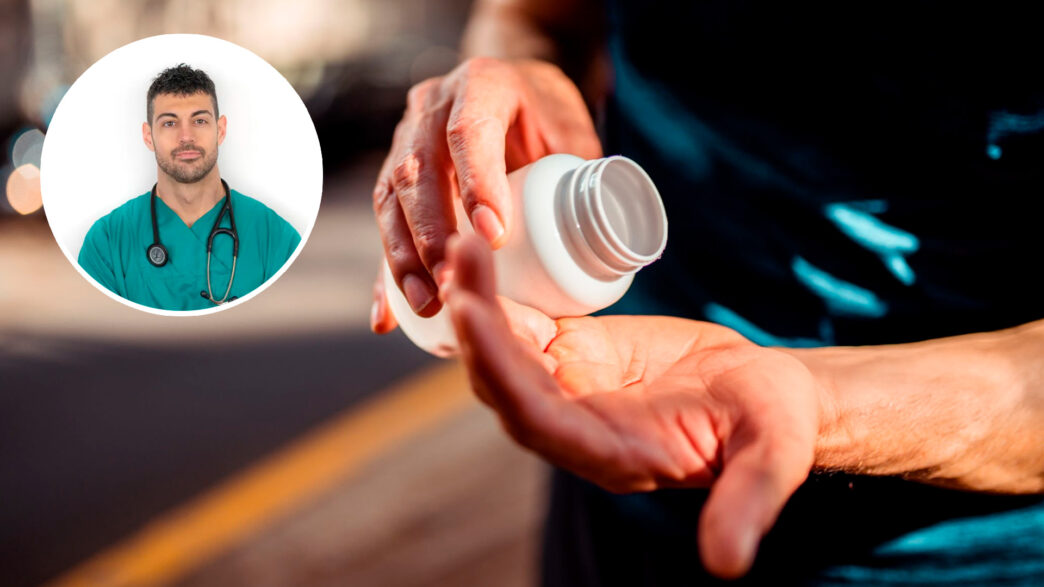 Hombre poniéndose un suplemento deportivo en la mano y arriba, un recuadro destacado con un retrato del doctor José Abellán. Imagen destacada para un artículo en el que el cardiólogo José Abellán habla de los suplementos deportivos que NO sirven para nada