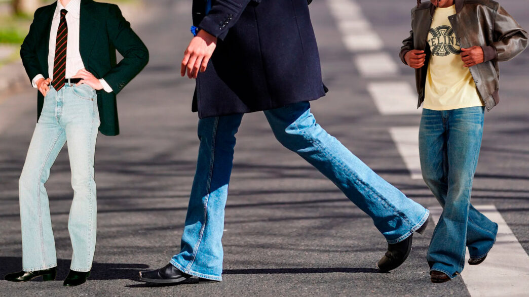 Collage de diferentes hombres vistiendo pantalones acampanados o bootcut