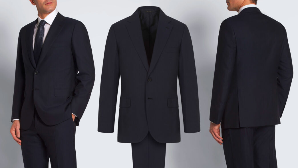 collage que muestra un hombre vestido de traje por la parte delantera, la silueta de un traje para ir a la oficina, y el traje visto de espaldas. Imagen principal sobre un artículo que habla de las 5 normas imprescindibles para vestir bien el traje de oficina