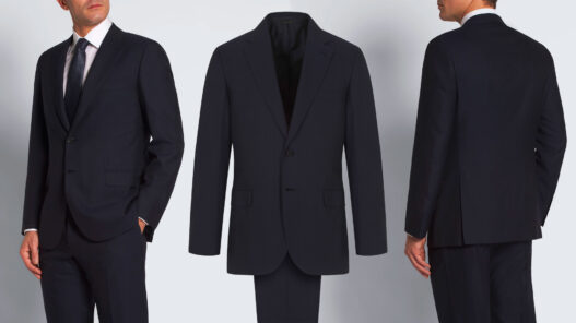 collage que muestra un hombre vestido de traje por la parte delantera, la silueta de un traje para ir a la oficina, y el traje visto de espaldas. Imagen principal sobre un artículo que habla de las 5 normas imprescindibles para vestir bien el traje de oficina