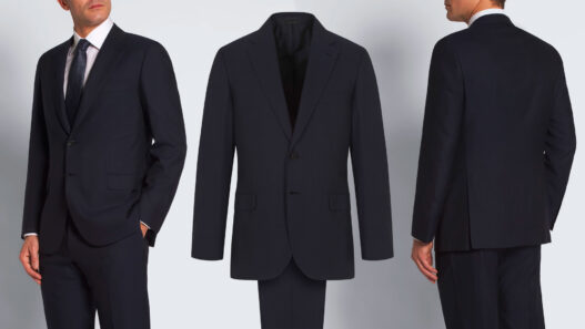 collage que muestra un hombre vestido de traje por la parte delantera, la silueta de un traje para ir a la oficina, y el traje visto de espaldas. Imagen principal sobre un artículo que habla de las 5 normas imprescindibles para vestir bien el traje de oficina