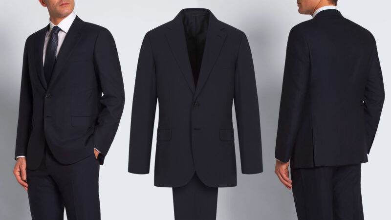 collage que muestra un hombre vestido de traje por la parte delantera, la silueta de un traje para ir a la oficina, y el traje visto de espaldas. Imagen principal sobre un artículo que habla de las 5 normas imprescindibles para vestir bien el traje de oficina